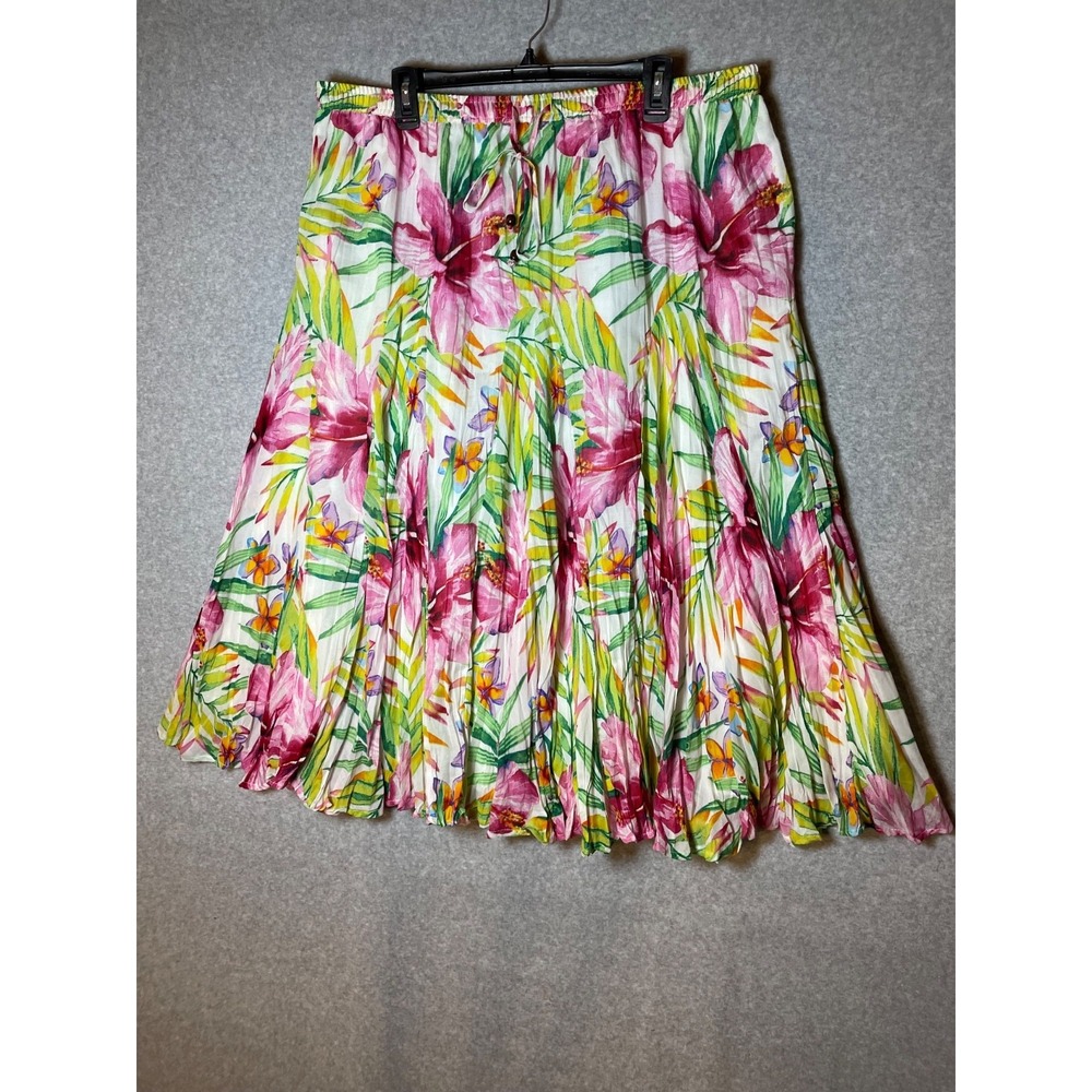 Westport Floral Hibiscus Midi Skirt 1X Pull On Elastic‎ Waist Drawstring Hippie
